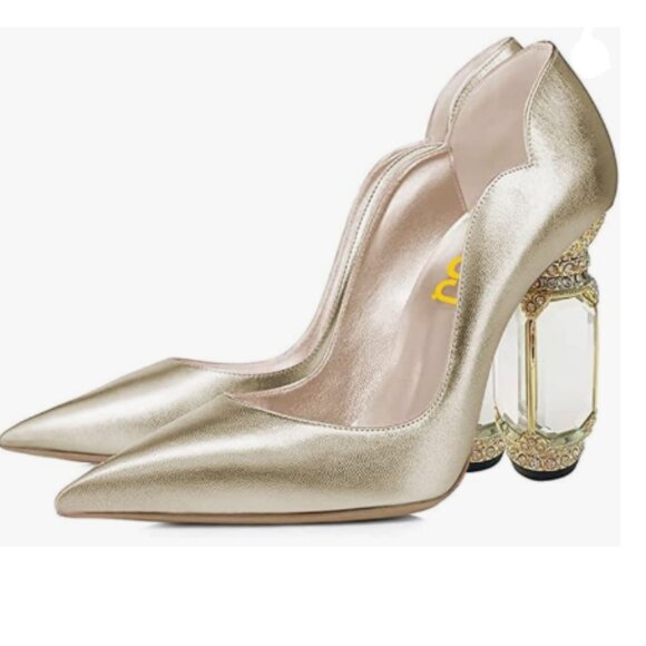FSJ Champagne Pointed Toe Crystal High Heel Pumps Comfort Slip On Wedding Shoes - Picture 1 of 8
